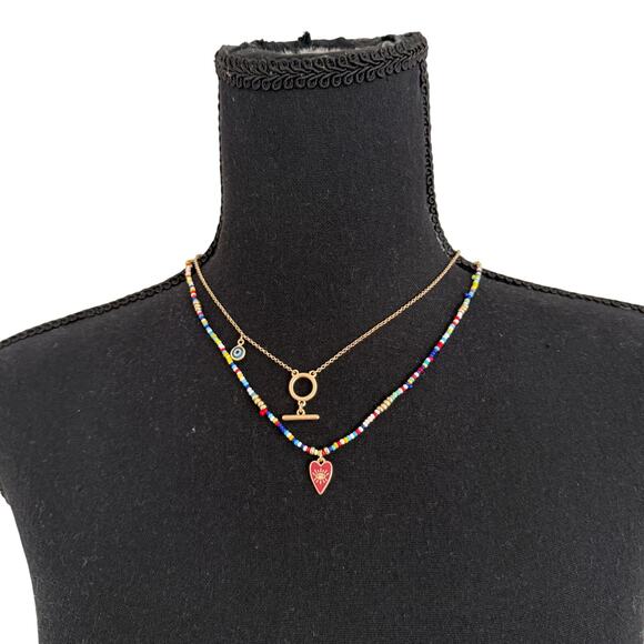 NWOT Lucky Brand Multi Strand Gold Metal and Bead Necklace Set Evil Eye - Picture 1 of 6